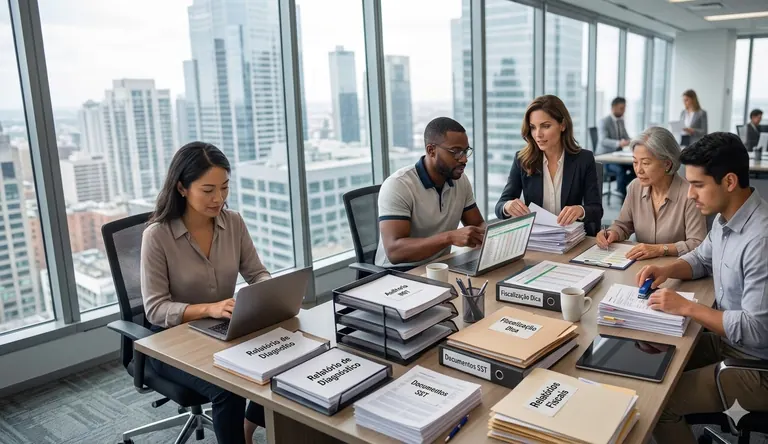 Equipe técnica multidisciplinar organizando documentos de diagnóstico, auditoria e fiscalização da NR-1